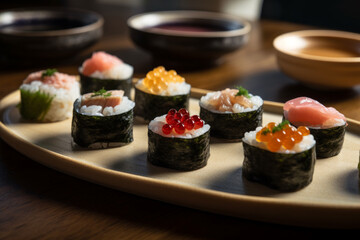 Gunkan-maki: small cups of sushi rice topped with ingredients such as raw fish, roe, or sea urchin