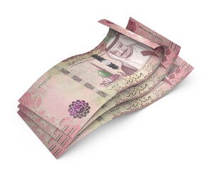3d 100 one hundred Saudi Riyals banknotes of king Salman Bin Abdulaziz of Saudi Arabia, banknotes isolated on white background and ambient occlusion
