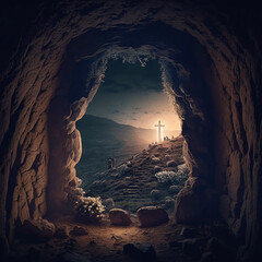 The Cave of the Resurrection, the Holy Sepulchre, with a view of the Cross, Golgotha. Easter illustration, Created using generative artificial intelligence technology