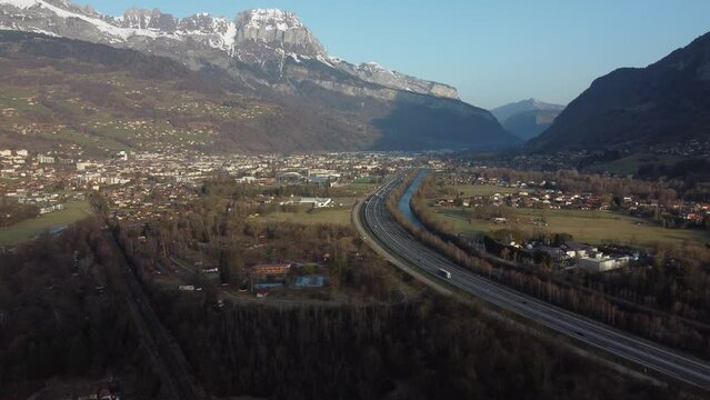 Flying towards the town of Sallanches, and over the train railroad and A40 highway that leads to Chamonix and Italy through the Mont Blanc tunnel