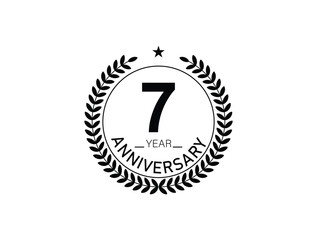 7 years anniversary logo template isolated on white, black and white background. 7th anniversary logo.