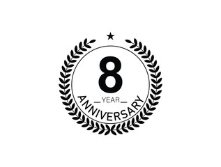 8 years anniversary logo template isolated on white, black and white background. 8th anniversary logo.