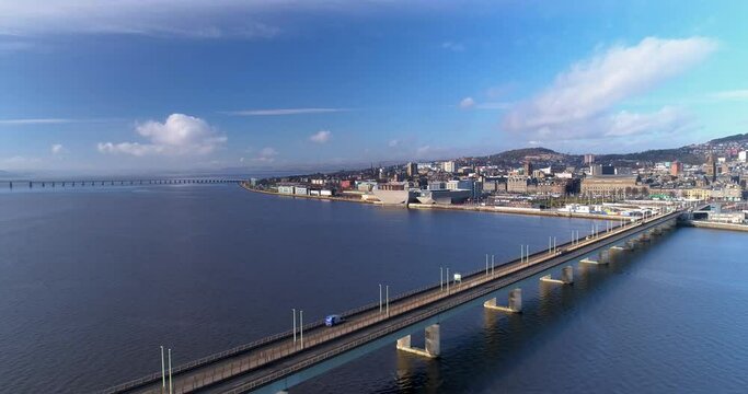 Push in Aerial shot towards Dundee above Tay Road bridge