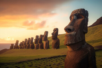 Easter Island at sunset, Moai statues. Generative AI