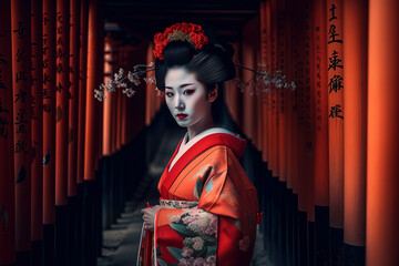 fashion portrait photography of the most beautiful geisha girl in the Gate to heaven, Kyoto, Japan. Generative AI