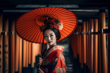 fashion portrait photography of the most beautiful geisha girl in the Gate to heaven, Kyoto, Japan. Generative AI - obrazy, fototapety, plakaty