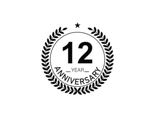 12 years anniversary logo template isolated on white, black and white background. 12th anniversary logo.