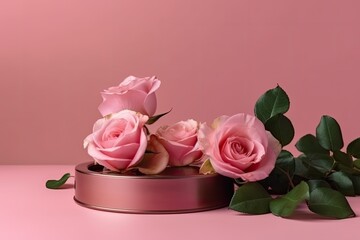 pink roses arranged in a tin with a soft pink background. Generative AI