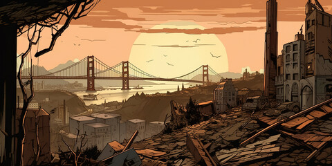 illustration of A post-apocalyptic view of San Francisco with a focus on the iconic Golden Gate bridge. Generative AI