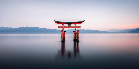 Japanese torii gate at Lake Biwa in Japan. Generative AI