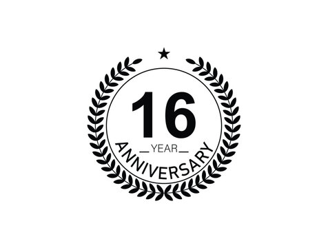 16 years anniversary logo template isolated on white, black and white background. 16th anniversary logo.