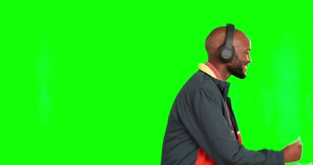 Happy music, green screen dance and man dancing to song, audio podcast or radio sound track. Freedom energy, fun walking dancer or African male with chroma key celebration on mockup studio background