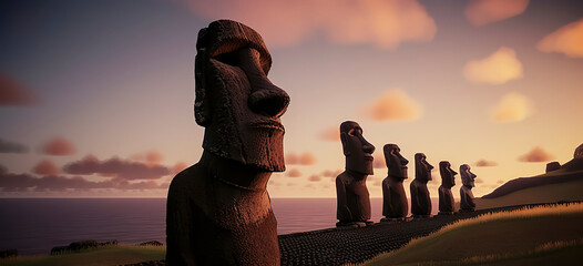 Moai Figures Easter Island Sunset. Generative AI