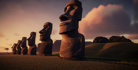 Moai Figures Easter Island Sunset. Generative AI