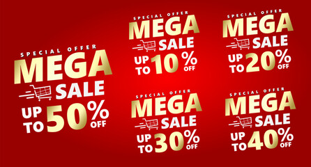 Special offer banner set, hot sale, big sale, super sale, sale banner vector. gold font on red background vector banner template. 50%, 10%, 20%, 30%, 40%.
