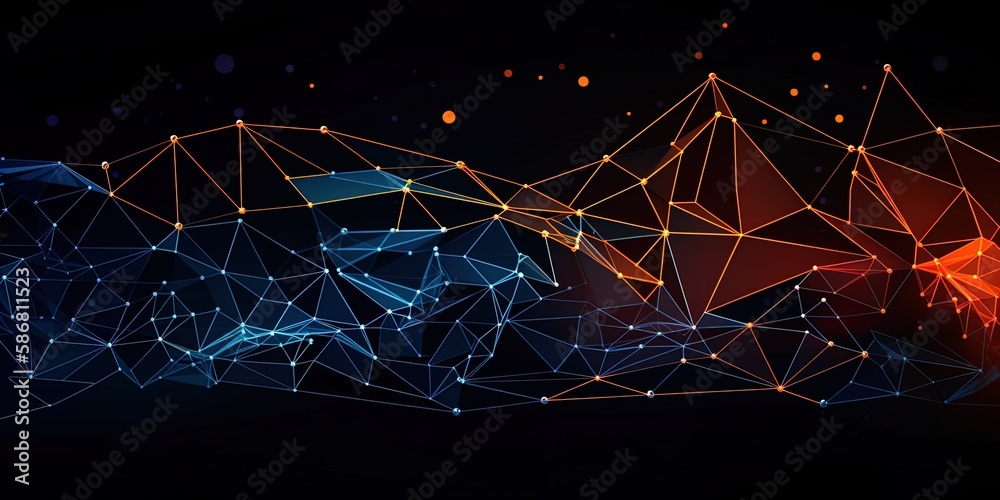 Wall mural blue orange gradient digital polygons: a network grid fusion background wallpaper in 8k created with