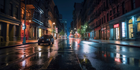 Fototapeta na wymiar new York city street at night, wet street. Generative AI
