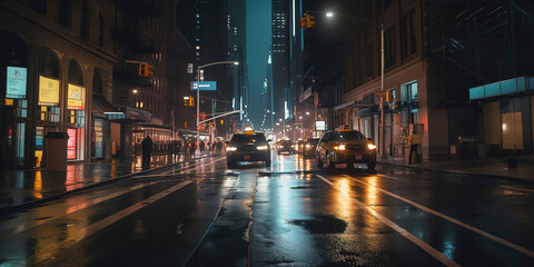 Fototapeta na wymiar new York city street at night, wet street. Generative AI