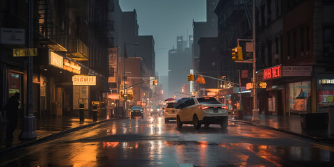 Fototapeta na wymiar New York city under rainstorm photography. Generative AI