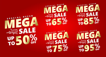 Special offer banner set, hot sale, big sale, super sale, sale banner vector. gold font on red background vector banner template. 50%, 65%, 75%, 85%, 95%.