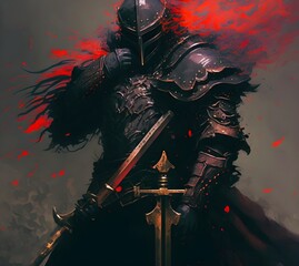 Fototapeta premium dark warrior in the armor with the sword, illustration, digital painting, Generative AI