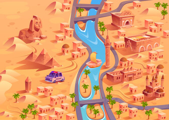 Cartoon desert town with river and pyramids. Vector illustration of police car patrolling ancient riverside town in sandy area, antique column, palm trees, islands and boat on water. Isometric view