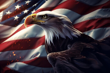 Wavy American flag with an eagle symbolizing strength and freedom. Generative AI