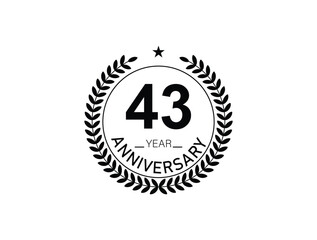 43 years anniversary logo template isolated on white, black and white background. 43th anniversary logo.