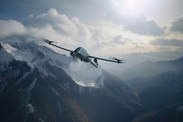 Military reconnaissance drone flying in sky in mountains. Generative AI