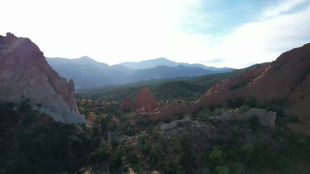 Garden of the Gods, natural rock Formation, 8th Wonder of the World. 4K aerial video, located in Colorado Springs, Colorado USA. 