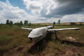 Broken military drone in field. Downed abandoned military reconnaissance aircraft. Generative AI