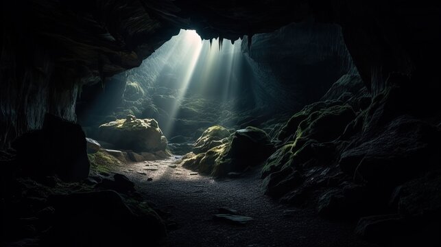 Light at the end of a tunnel: Shining Light Through Dark Tunnel Cave in 8K created with generative ai technology