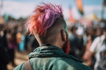 Hipster guy with trendy multicolored hairstyle at outdoor festival. Rear view of stylish caucasian man in denim jacket and with piercing walking at an event, close-up. Generative AI