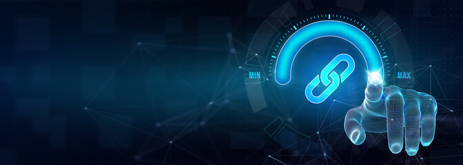 Chain Link icon on abstract blue background. Hyperlink chain symbol concept. 3d illustration