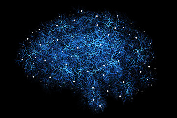 Brain neural pathway, artificial rendering and digital graphic of intelligence and neuroscience in studio. Isolated, black background and no people with ai generated, neuro data and mind connection
