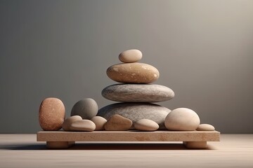 rustic display of stones arranged on a wooden table. Generative AI