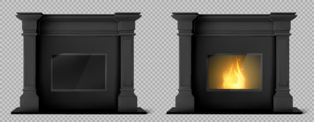 Stone fireplace with fire for home interior. Black hearth in frame with pilasters, frieze and mantelpiece and with burning flame isolated on transparent background, vector realistic illustration - obrazy, fototapety, plakaty