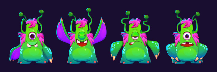 Obraz na płótnie Canvas Green cyclope monster emotions set. Vector cartoon illustration of neon color alien creature with antennas on head and funny belly isolated on black background. Happy, laughing, angry, scared face