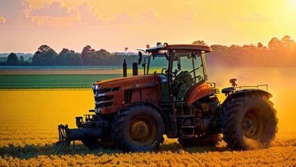 Tractor harvester working on wheat field with sunset. Generative AI