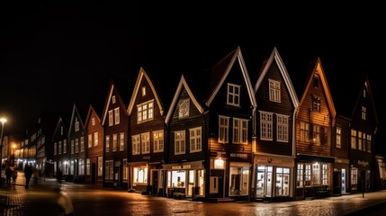 Night view of a historical wooden district Bryggen in the norwegian city Bergen. Generative AI