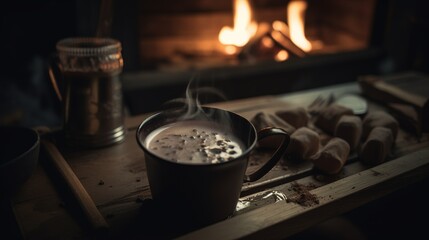 Fototapeta na wymiar Hot chocolate with marshmallows in front of a fireplace in winter.Generative Ai