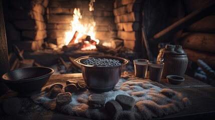 Hot chocolate with marshmallows in front of a fireplace in winter.Generative Ai