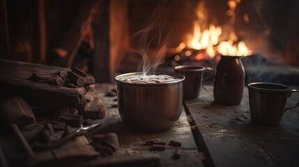 Hot chocolate with marshmallows in front of a fireplace in winter.Generative Ai