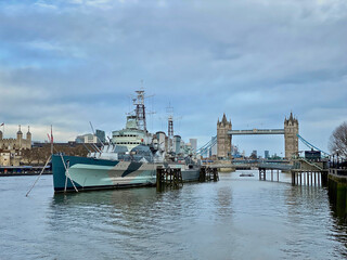 tower bridge with warship