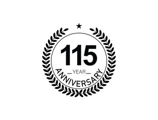 115 years anniversary logo template isolated on white, black and white background. 115th anniversary logo.