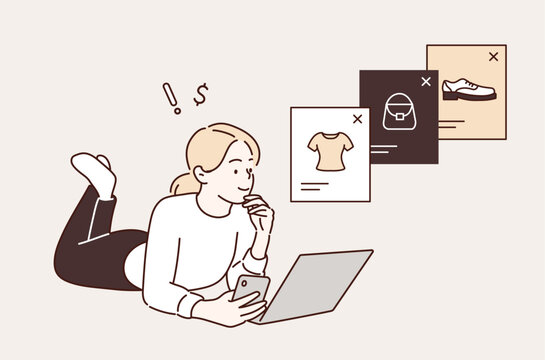  smiling while surfing the web on her laptop and holding phone in her hand trying to buy something online. Hand drawn style vector design illustrations.