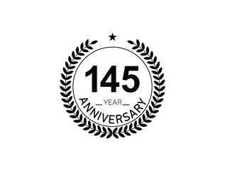 145 years anniversary logo template isolated on white, black and white background. 145th anniversary logo.