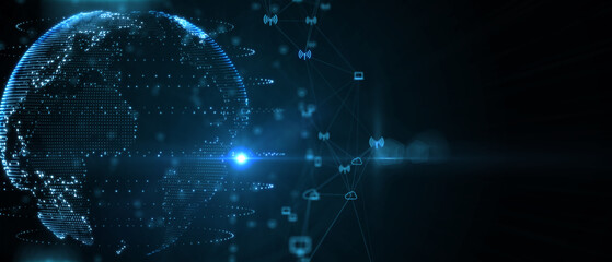 Blue futuristic background with planet Earth. Composition, representing the global, network connection, international meaning. Global social network. 3d illustration.