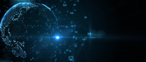 Blue futuristic background with planet Earth. Composition, representing the global, network connection, international meaning. Global social network. 3d illustration.