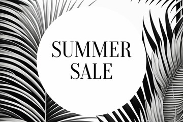 Summer sale banner with tropical leaves on white background. Vector illustration.